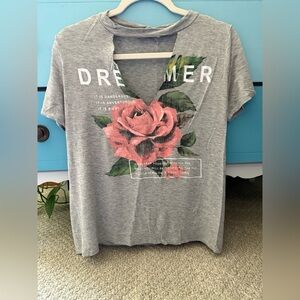 Gray Dreamer Graphic Tee with Pink Rose